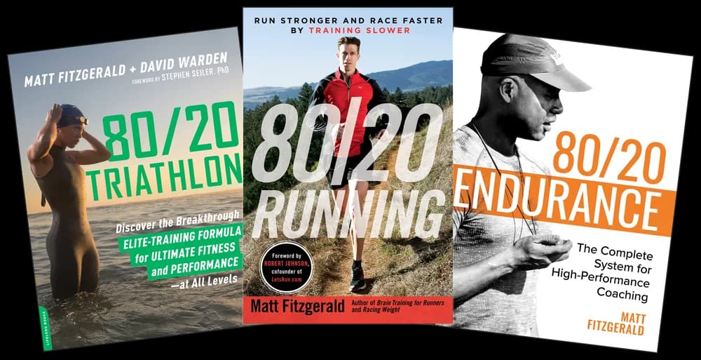 The covers of 80/20 Running, 80/20 Triathlon, and 80/20 Endurance — the books behind the training method.